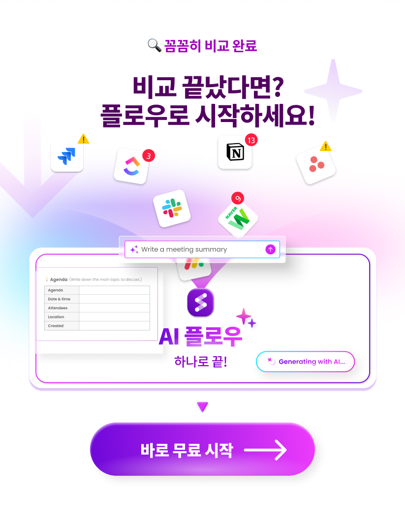 협업툴 플로우 무료 체험 신청하기, 협업툴 8종 비교 한번에 끝, 지라, 노션, 아사나, 먼데이닷컴, 슬랙, 트렐로, 팀즈, 플로우, AI 협업툴 플로우 하나로 해결